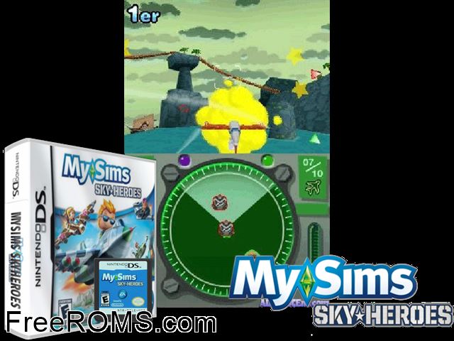 MySims - SkyHeroes Europe NDS game showing 3D box cover and gameplay screenshot