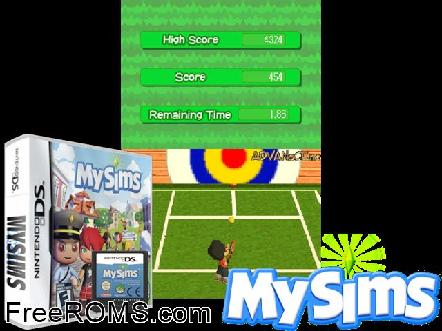 MySims Europe NDS game showing 3D box cover and gameplay screenshot
