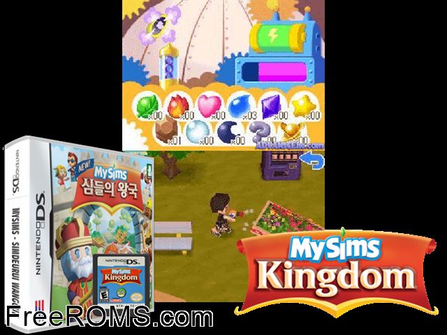 MySims Kingdom NDS game showing 3D box cover and gameplay screenshot