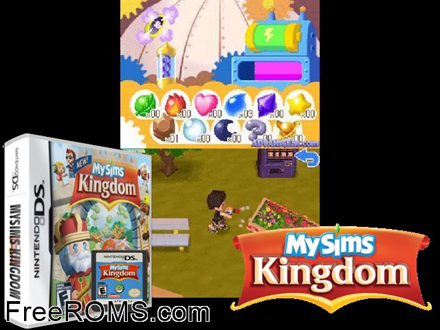 MySims Kingdom Europe NDS game showing 3D box cover and gameplay screenshot