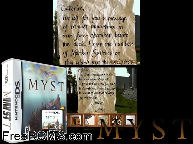 Myst Europe NDS game showing 3D box cover and gameplay screenshot