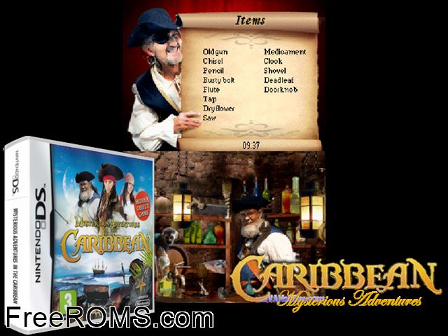Mysterious Adventures in the Caribbean Europe NDS game showing 3D box cover and gameplay screenshot