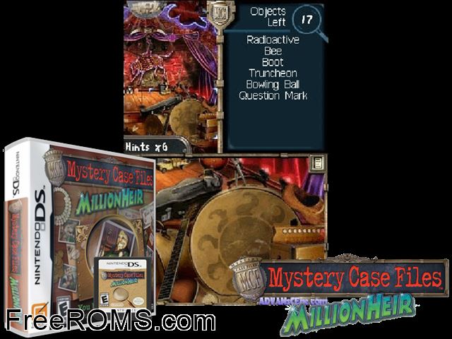 Mystery Case Files - MillionHeir Europe NDS game showing 3D box cover and gameplay screenshot