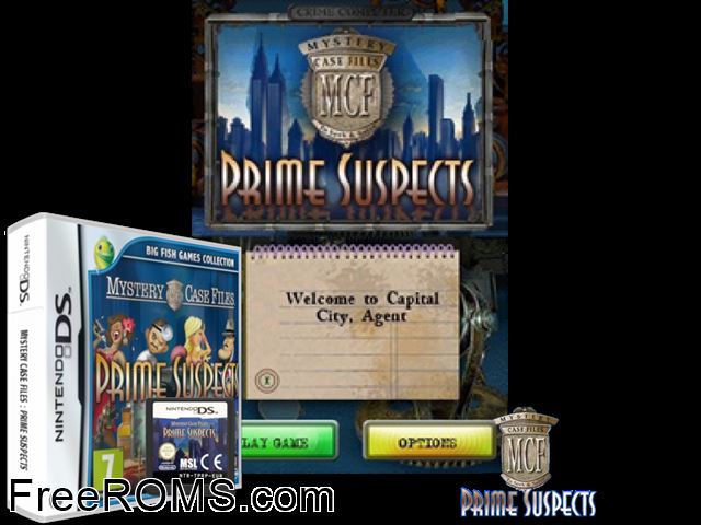 Mystery Case Files - Prime Suspects Europe NDS game showing 3D box cover and gameplay screenshot