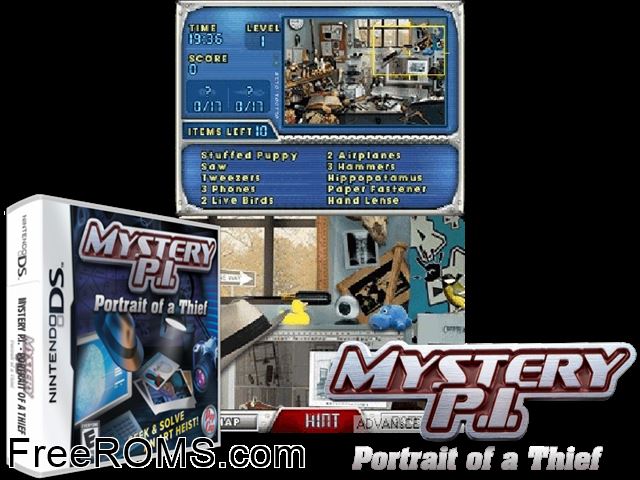 Mystery P.I. - Portrait of a Thief NDS game showing 3D box cover and gameplay screenshot