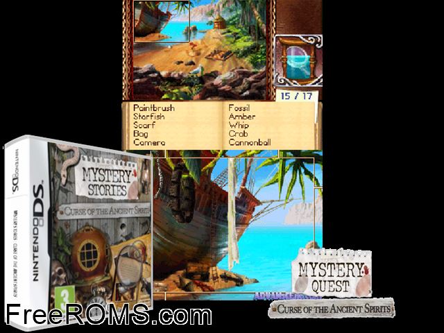 Mystery Quest - Curse of the Ancient Spirits NDS game showing 3D box cover and gameplay screenshot