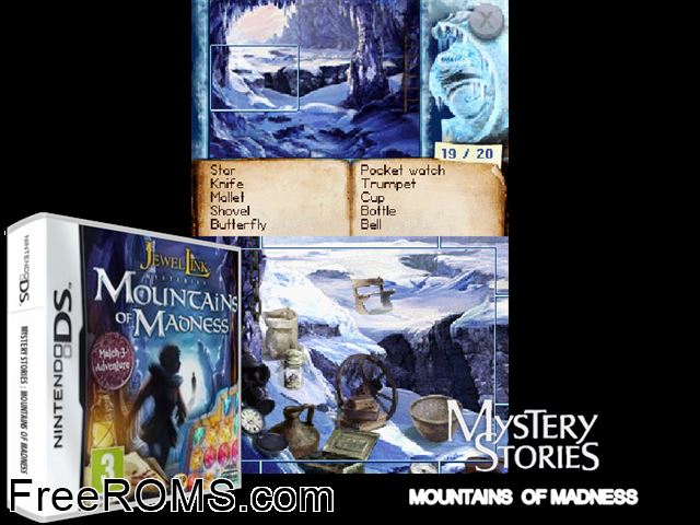 Mystery Stories - Mountains of Madness Europe NDS game showing 3D box cover and gameplay screenshot