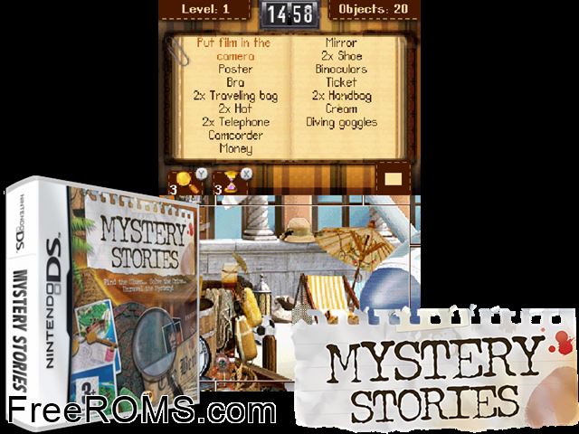 Mystery Stories Europe NDS game showing 3D box cover and gameplay screenshot