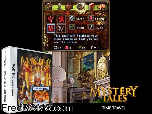 Mystery Tales - Time Travel NDS game showing 3D box cover and gameplay screenshot