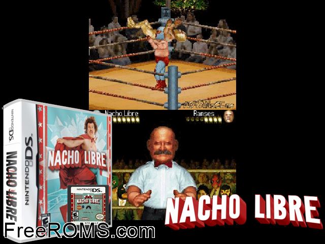 Nacho Libre Europe NDS game showing 3D box cover and gameplay screenshot