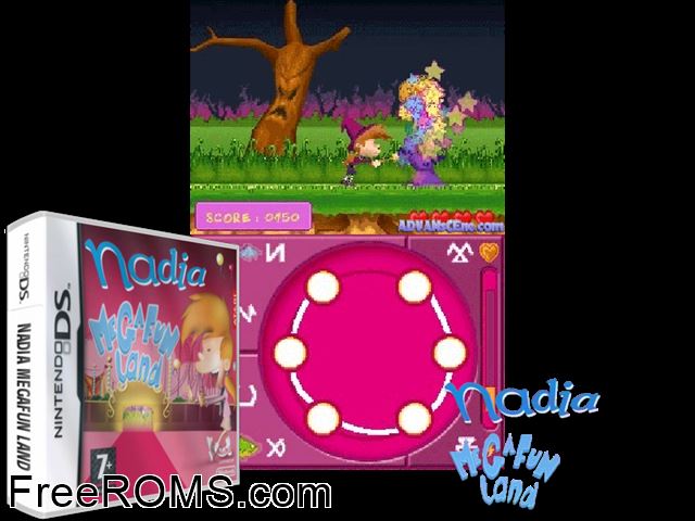 Nadia Megafun Land Europe NDS game showing 3D box cover and gameplay screenshot