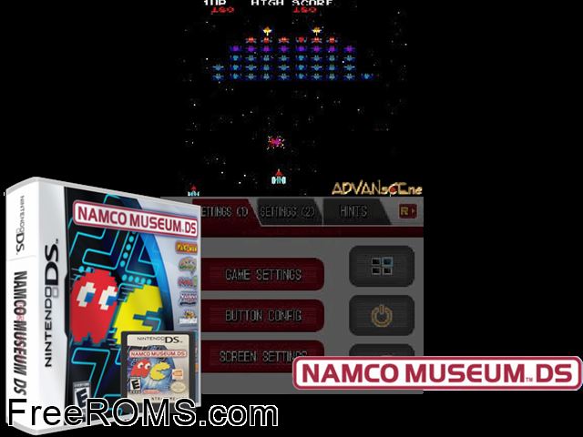 Namco Museum DS NDS game showing 3D box cover and gameplay screenshot