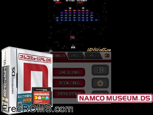Namco Museum DS Japan NDS game showing 3D box cover and gameplay screenshot