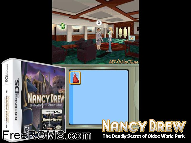 Nancy Drew - The Deadly Secret of Olde World Park NDS game showing 3D box cover and gameplay screenshot