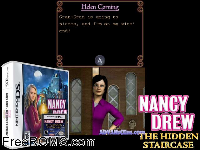 Nancy Drew - The Hidden Staircase NDS game showing 3D box cover and gameplay screenshot