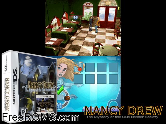 Nancy Drew - The Mystery of the Clue Bender Society NDS game showing 3D box cover and gameplay screenshot