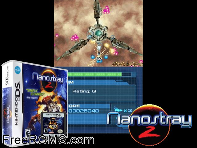 Nanostray 2 NDS game showing 3D box cover and gameplay screenshot