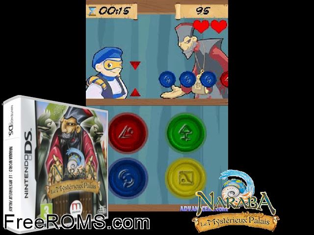 Naraba World - The Mysterious Palace Europe NDS game showing 3D box cover and gameplay screenshot