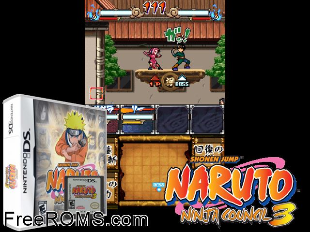 Naruto - Ninja Council - European Version Europe NDS game showing 3D box cover and gameplay screenshot