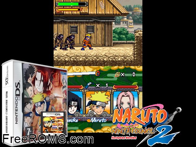 Naruto - Ninja Council 2 - European Version Europe NDS game showing 3D box cover and gameplay screenshot