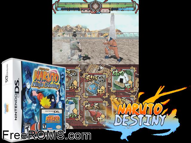 Naruto - Ninja Destiny NDS game showing 3D box cover and gameplay screenshot