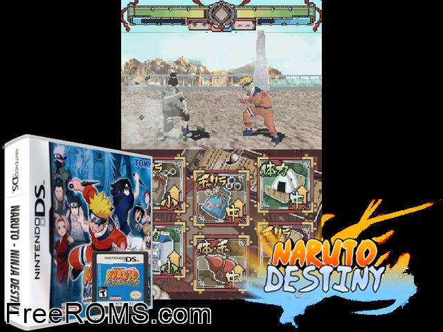 Naruto - Ninja Destiny Europe NDS game showing 3D box cover and gameplay screenshot