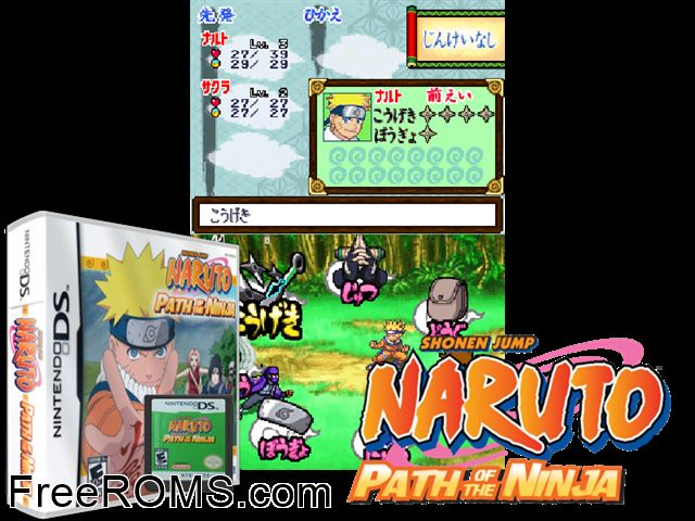 Naruto - Path of the Ninja NDS game showing 3D box cover and gameplay screenshot