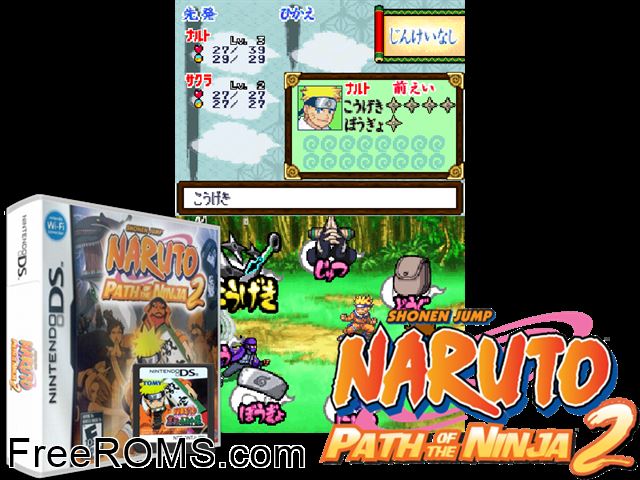 Naruto - Path of the Ninja 2 NDS game showing 3D box cover and gameplay screenshot