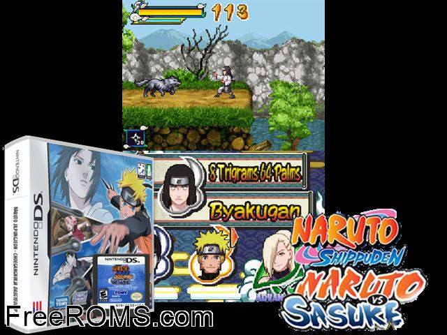 Naruto Shippuden - Naruto vs Sasuke Korea NDS game showing 3D box cover and gameplay screenshot