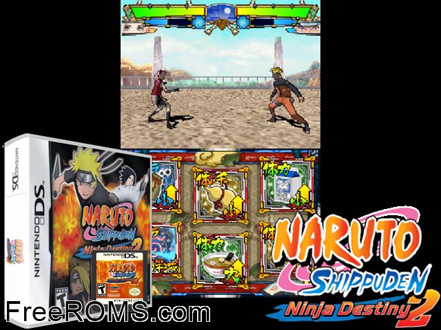 Naruto Shippuden - Ninja Destiny 2 NDS game showing 3D box cover and gameplay screenshot