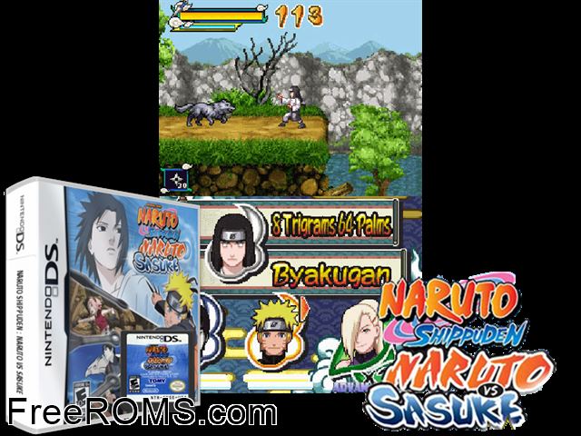 Naruto Shippuuden - Saikyou Ninja Daikesshuu - Gekitotsu!! Naruto VS Sasuke Japan NDS game showing 3D box cover and gameplay screenshot