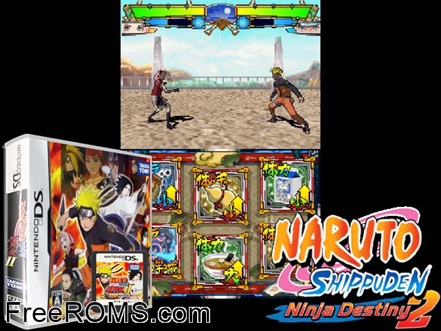 Naruto Shippuuden - Shinobi Retsuden 2 Japan NDS game showing 3D box cover and gameplay screenshot