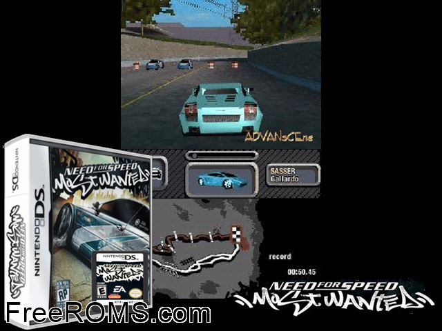 Need for Speed - Most Wanted NDS game showing 3D box cover and gameplay screenshot