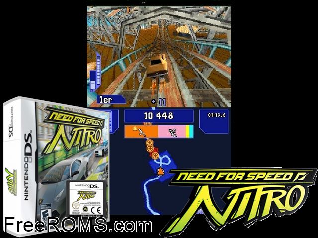 Need for Speed - Nitro Europe NDS game showing 3D box cover and gameplay screenshot