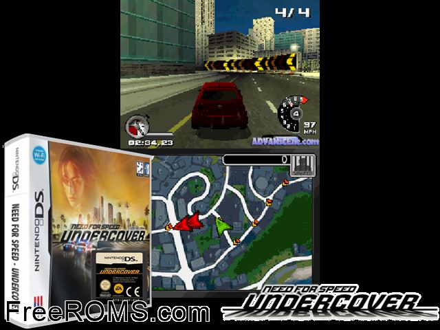 Need for Speed - Undercover NDS game showing 3D box cover and gameplay screenshot