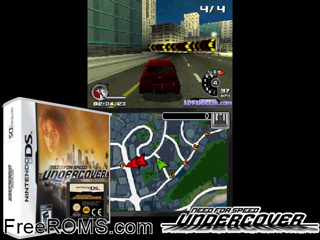 Need for Speed - Undercover Europe NDS game showing 3D box cover and gameplay screenshot