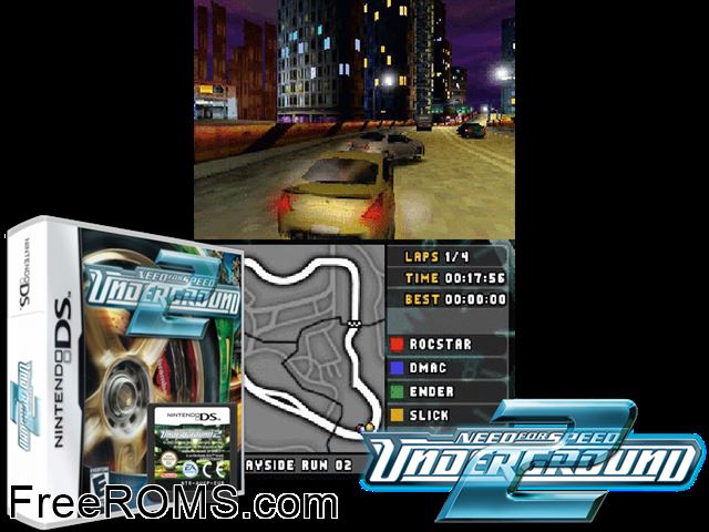 Need for Speed - Underground 2 NDS game showing 3D box cover and gameplay screenshot