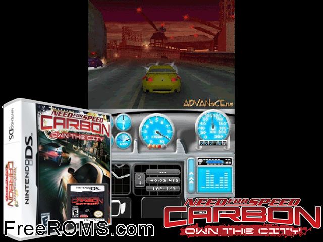 Need for Speed Carbon - Own the City Europe NDS game showing 3D box cover and gameplay screenshot