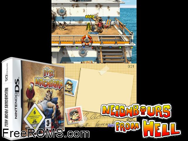 Neighbours from Hell Europe NDS game showing 3D box cover and gameplay screenshot