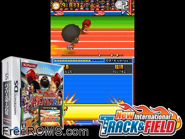 New International - Hyper Sports DS Japan NDS game showing 3D box cover and gameplay screenshot