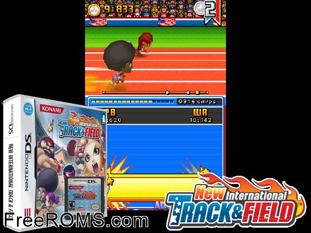 New International Track and Field NDS game showing 3D box cover and gameplay screenshot