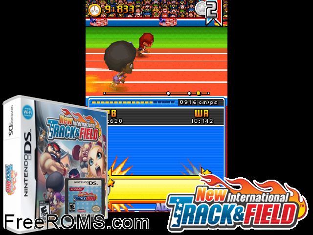 New International Track and Field Europe NDS game showing 3D box cover and gameplay screenshot