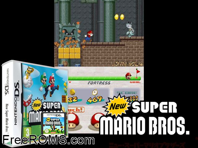 New Super Mario Bros. NDS game showing 3D box cover and gameplay screenshot