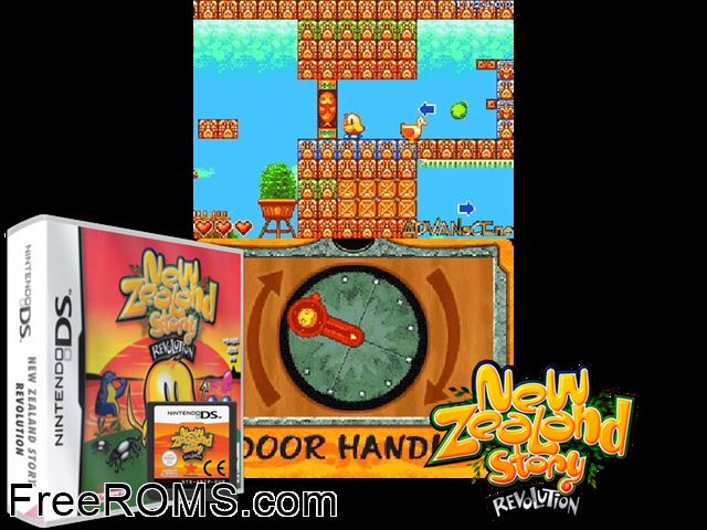 New Zealand Story Revolution Europe NDS game showing 3D box cover and gameplay screenshot