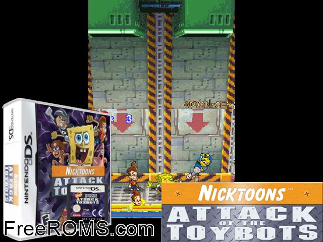 Nicktoons - Attack of the Toybots NDS game showing 3D box cover and gameplay screenshot