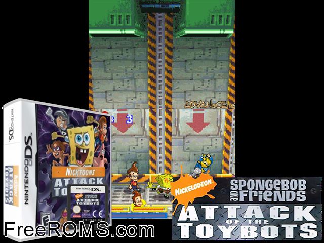 Nicktoons Attack Of The Toybots Europe NDS game showing 3D box cover and gameplay screenshot
