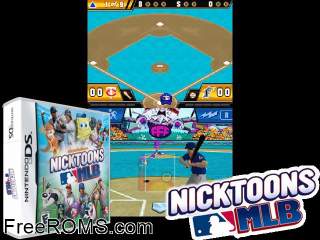 Nicktoons MLB NDS game showing 3D box cover and gameplay screenshot