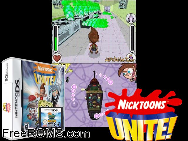 Nicktoons Unite! NDS game showing 3D box cover and gameplay screenshot