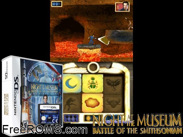 Night at the Museum - Battle of the Smithsonian - The Video Game NDS game showing 3D box cover and gameplay screenshot