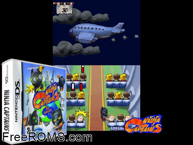 Ninja Captains Europe NDS game showing 3D box cover and gameplay screenshot